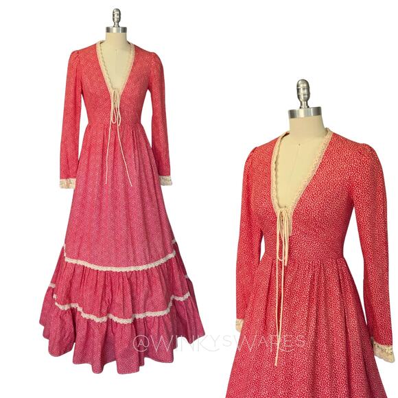 Gunne Sax Dresses & Skirts - Gunne Sax Red Floral Corset Maxi Dress Size 9 Vintage 70s Prairie Lace Up